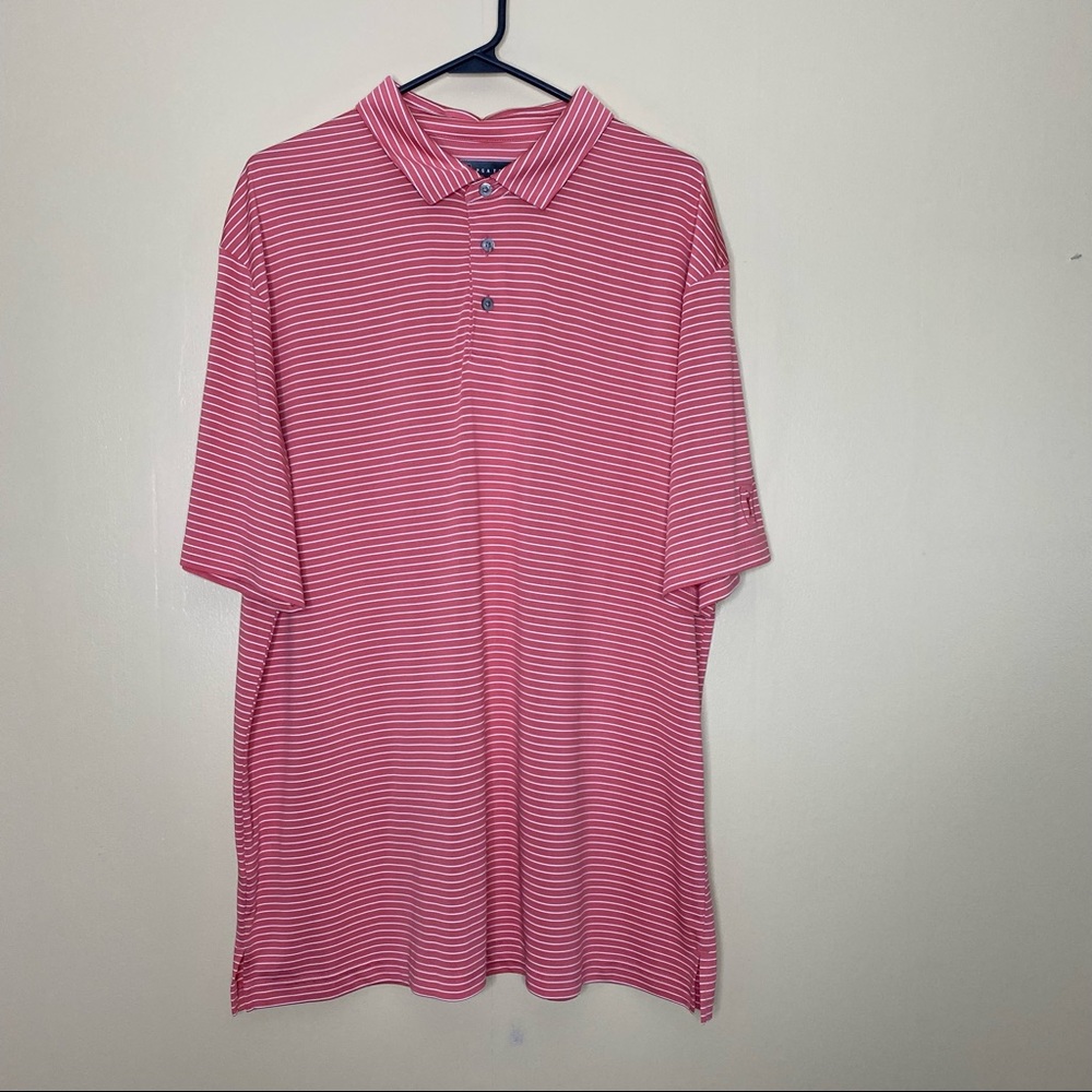 Men’s PGATour short sleeve, pink & white striped polo shirt, size XL